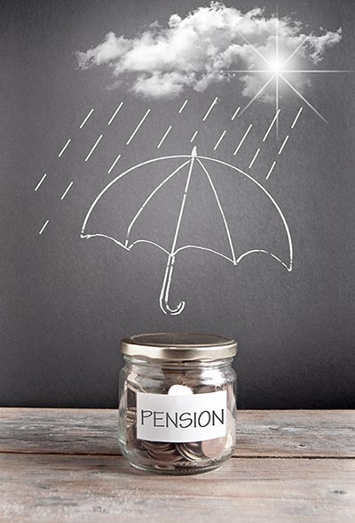 Pension jar with coins in it and cloud raining on umbrella